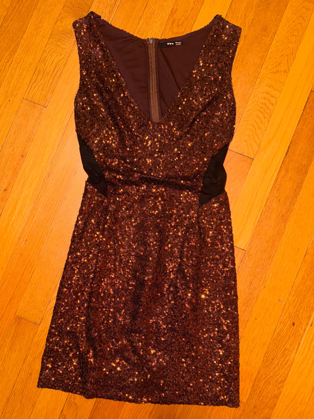 TFNC Copper-Brown Sequin Strapless V-Neck Party Dress